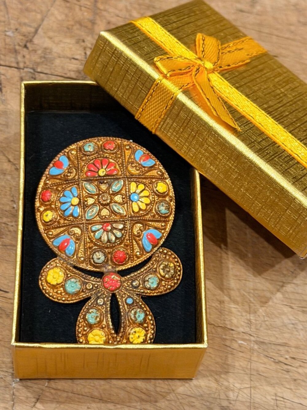 Vintage Gold-Tone Floral Inlay Dress Clip  With Enamel Accents In Gift Box